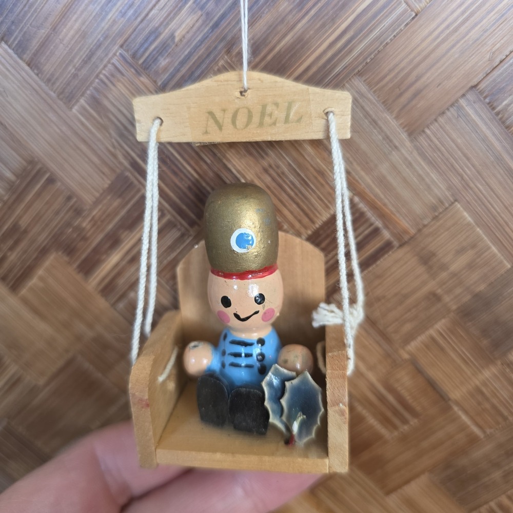Little Wooden Drummer Boy On A Swing Christmas Ornament Wood Noel Hand Painted - Picture 1 of 5